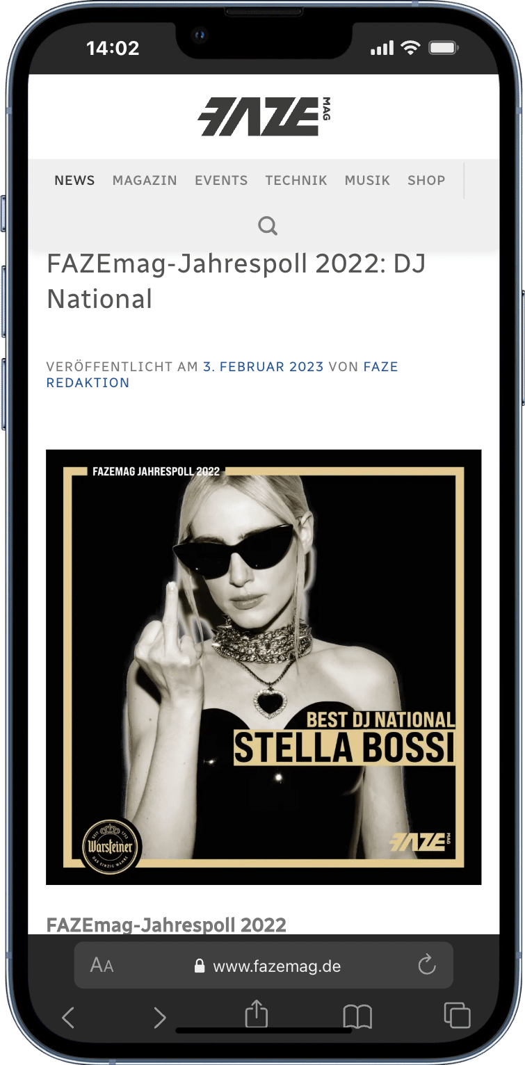 FAZEmag Jahrespoll 2022 – Stella Bossi erhält Auszeichnung beste DJ National