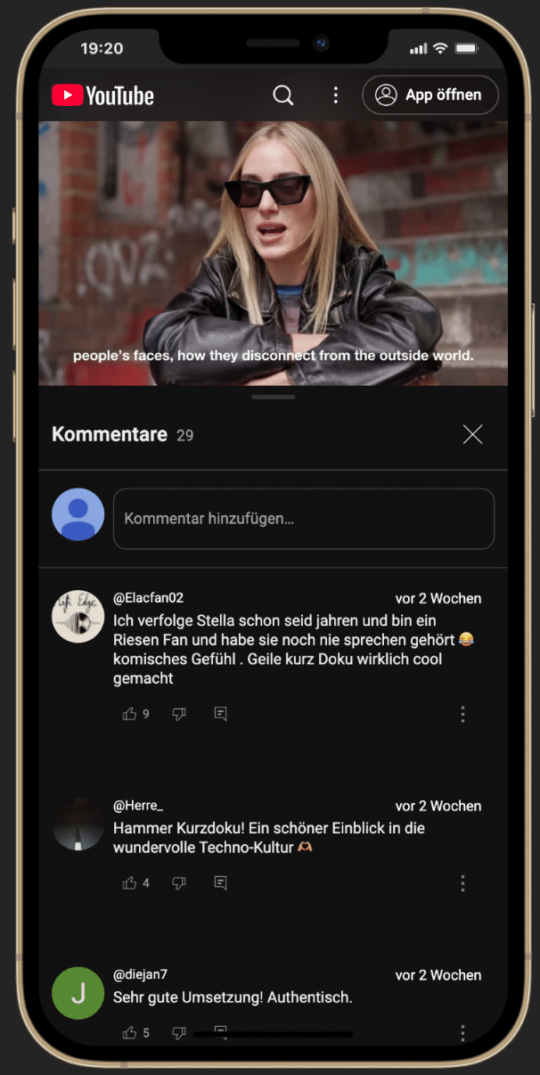 Stella Bossi spricht in KitKat Techno Dokumentation (YouTube-Video)